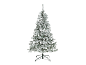 Flocked artificial Christmas tree with a stand, on a black background.