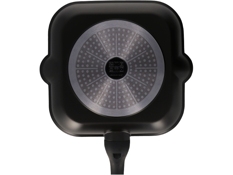 Underside of a black square frying pan with a textured metal base and cooking symbols.