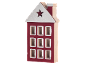 Red and white wooden house decoration with a star cutout and multiple window openings.