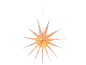 Illuminated 18-point paper Christmas star, hanging against a black background.