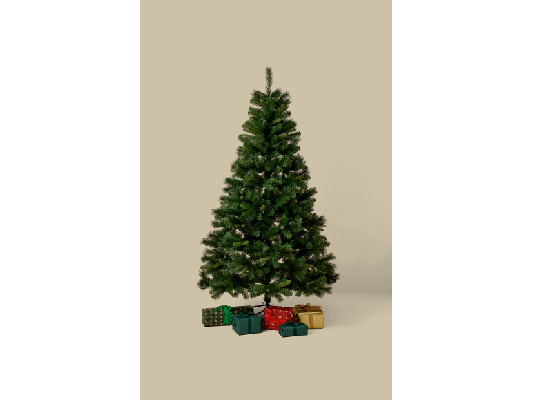 Green Christmas tree with wrapped gifts at the base.