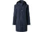 Dark blue rain jacket with a hood and buttons.