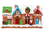 Christmas gingerbread house with lights, Santa Claus, and snowman.