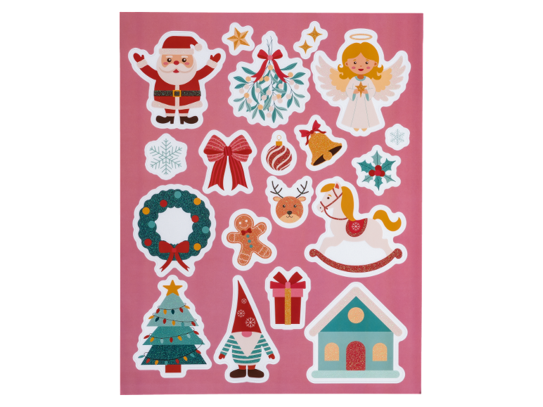 Christmas sticker sheet with Santa, angel, gnome, and other festive designs.