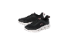 A pair of black athletic shoes with pink accents and white soles.