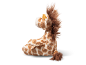 Brown and white long-haired giraffe plush toy, sitting sideways.