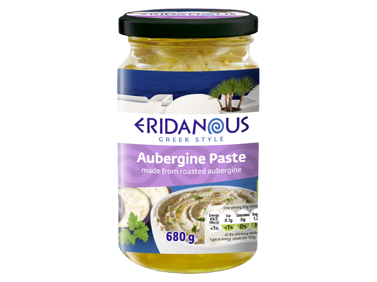 Greek style aubergine paste in a glass jar, with nutritional information.