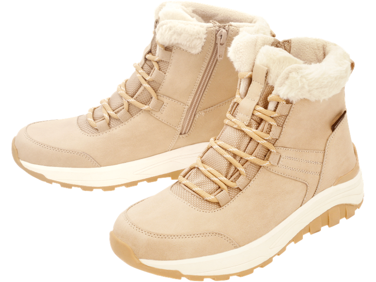Beige winter boots with faux fur lining and laces, featuring a side zipper.