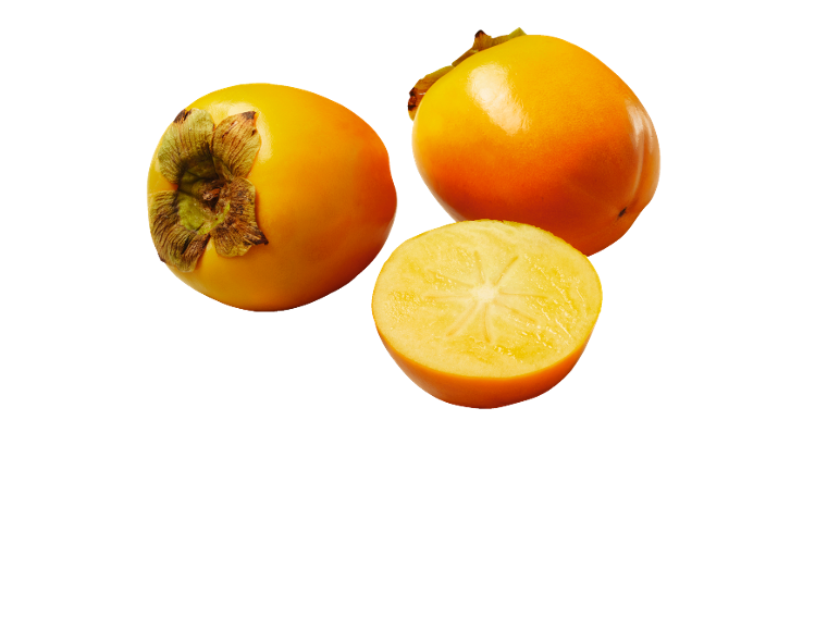 Bright orange persimmons, one cut in half, on a white background.
