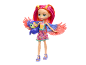 Doll with colorful hair and wings, holding a small bird figure.