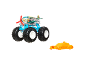 Airplane-shaped monster truck and orange toy car on a white background.
