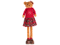 Plush bear in a red sweater with a snowflake and a plaid skirt.