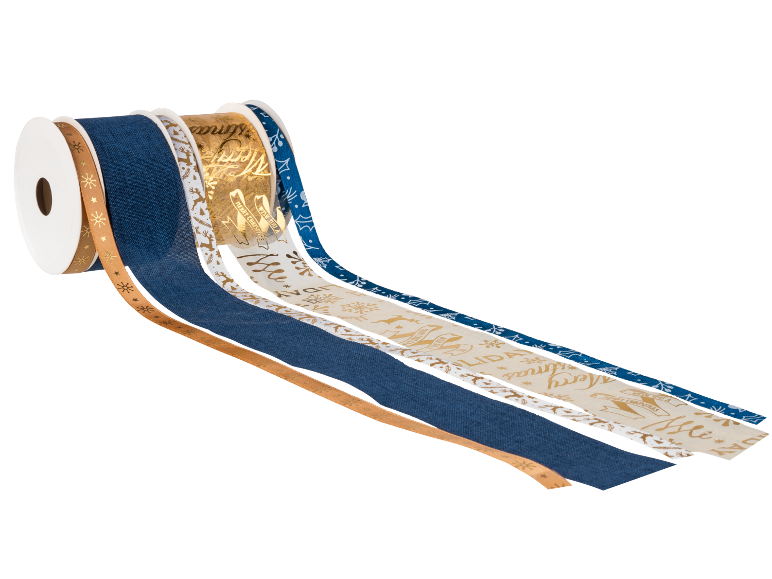 Christmas ribbons in blue, gold, and beige with 'Merry Christmas' text and snowflakes.