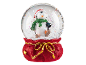 Snow globe with a snowman wearing a red hat and green scarf, on a red base.