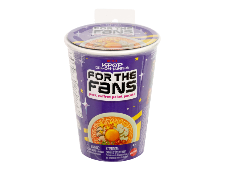 Purple noodle cup with a lid, depicting food and the text 'FOR THE FANS'.