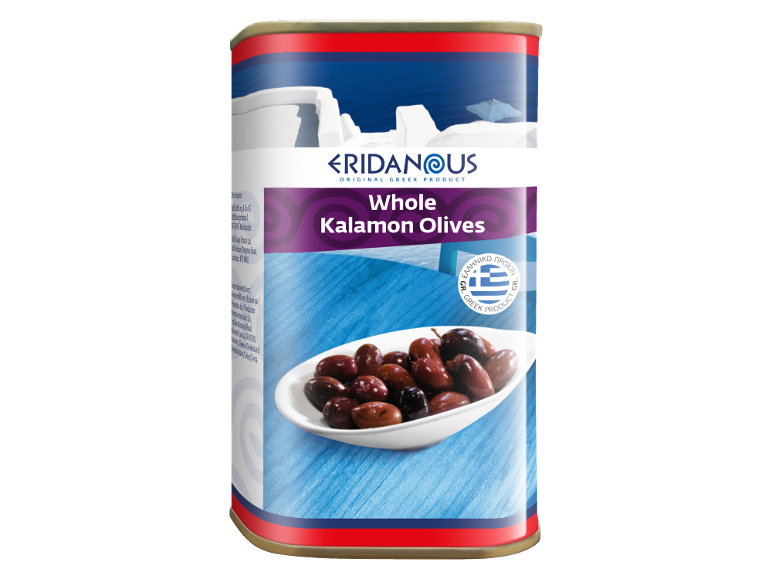 Can of whole Kalamon olives with Greek landscape background and Greek product seal.