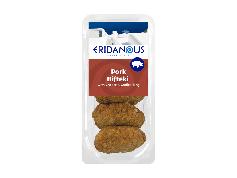 Packaged pork bifteki with cheese and garlic filling