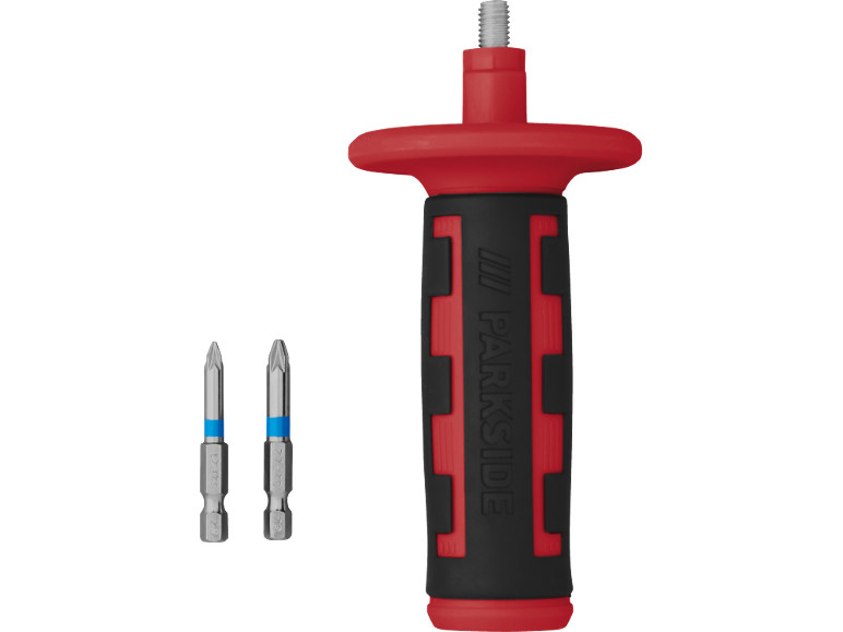 Red and black screwdriver handle with two screwdriver bits.