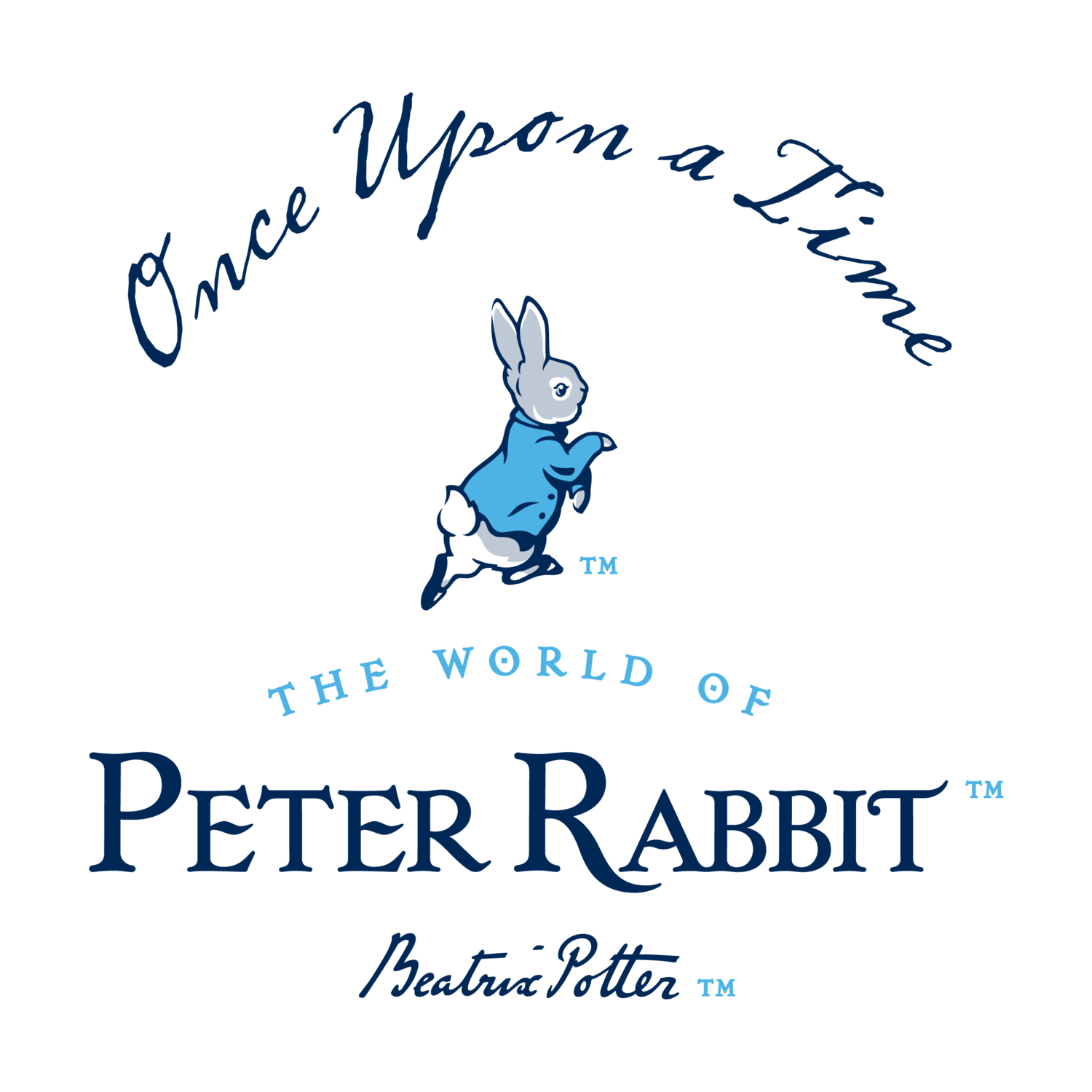 Blue logo with text 'Once Upon a Time THE WORLD OF PETER RABBIT Beatrix Potter' and a rabbit figure.