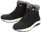 Pair of black winter boots with faux fur lining and white soles.