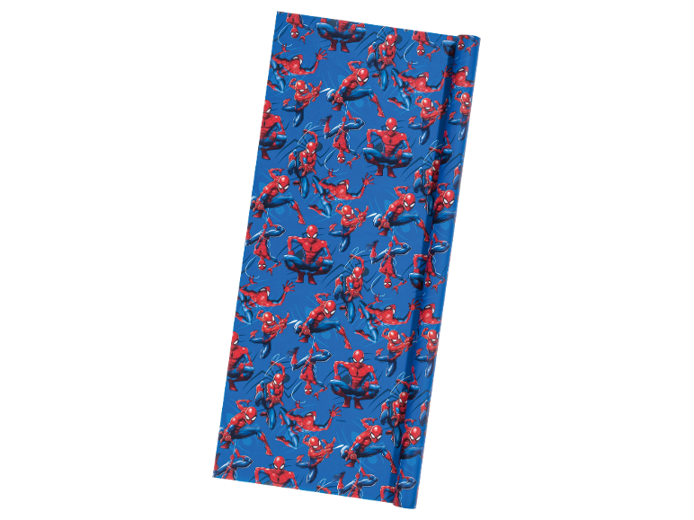 Blue gift wrapping paper with a repeating Spider-Man pattern in various poses.