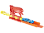 Toy car racing set with a blue car and a red launcher