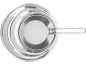 Stainless steel frying pan lid with handle and mesh.