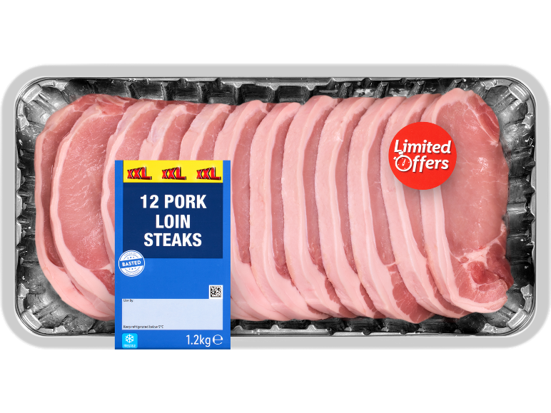 Lidl XXL 12 pork loin steaks, 1.2kg pack.