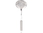 Stainless steel skimmer with a perforated head and a hanging loop on the handle.