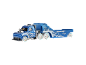 Blue toy truck with trailer, featuring '76' and flame decals, on a white background.