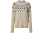 Beige knitted sweater with black and white jacquard pattern on the yoke.