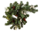 Festive Christmas wreath with pine branches, pinecones, and white berries on a black background