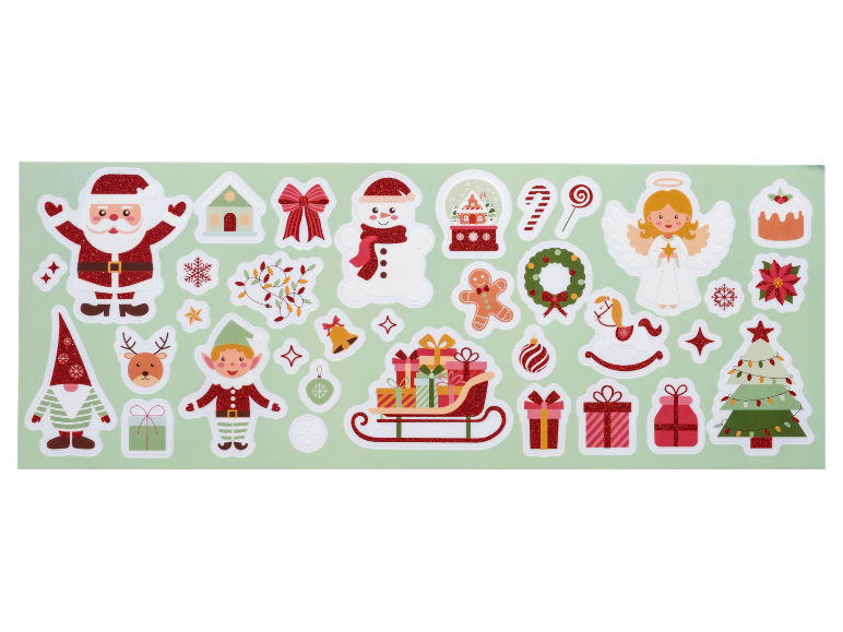 Christmas stickers: Santa, snowman, elf, gnome, gifts, tree, and other festive decorations.