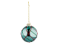 Blue Christmas bauble with red and green glitter pattern.