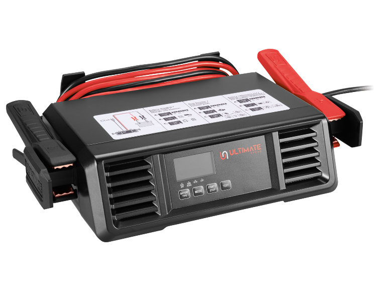 Car battery charger with jump leads and digital display.