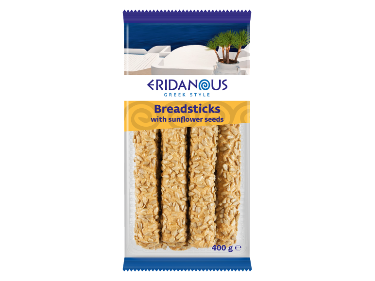 Breadsticks with sunflower seeds in Greek-themed packaging, 400 g.