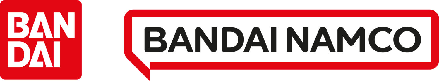 Red square with white text 'BANDAI DAI' and red speech bubble with black text 'BANDAI NAMCO'