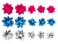 Pink, blue, and silver gift bows in various sizes on a black background.