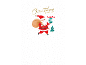 Christmas card featuring Santa Claus carrying gifts and the text 'Christmas is here!'.