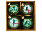 Four green Christmas baubles with red, green, and gold glitter designs in a box.