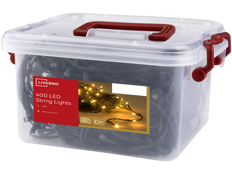 Livarno 400 LED string lights with warm white light in a transparent storage box.