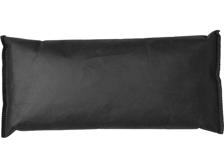 Black rectangular pillow or weight made of textured fabric.