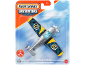 Toy airplane in packaging, silver with yellow and black wings, 'Ocean Research' logo.