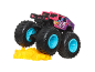 Pink monster truck with number 105 on the side, crushing a yellow car.