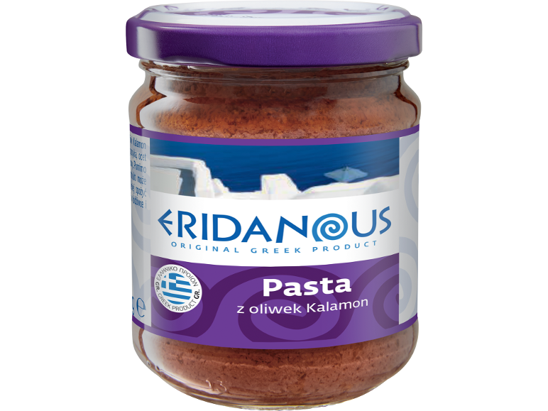 ERIDANOUS Kalamon olive paste in a jar with a purple lid.