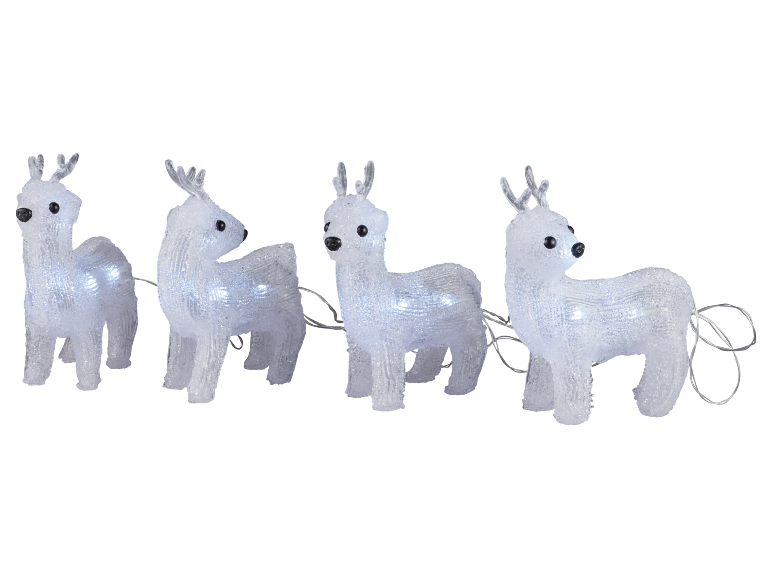 Four illuminated white reindeer figures, connected by a clear wire, for festive decoration.
