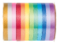 Multicolor decorative ribbons wound on a spool, forming a rainbow gradient.