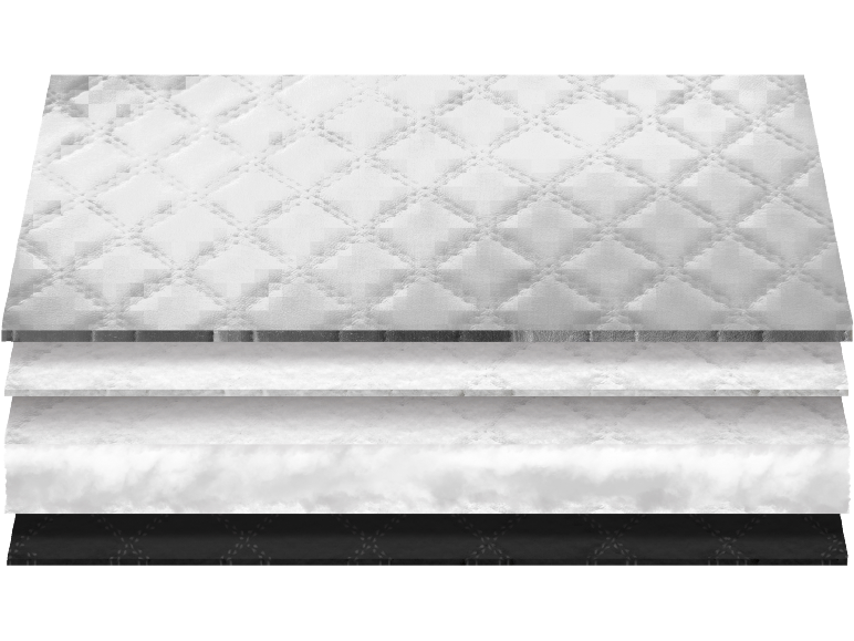 Mattress layers with quilted fabric, foam, and soft filling.