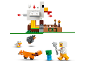 Building block set with chicken coop, characters, and farm animals.