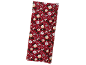 Red Christmas wrapping paper with festive puddings, baubles, candy canes, and crackers.